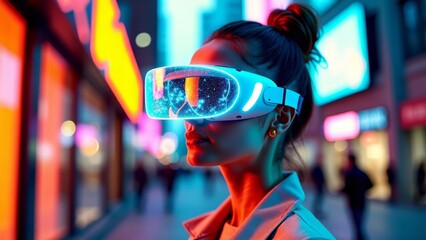 Obraz premium Futuristic woman in vr headset on city street
