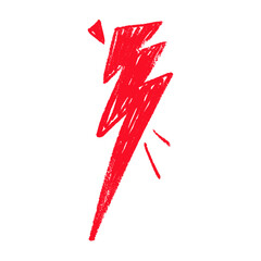 Red Hand draw thunder bolt with zappy doodle lines. Electric lightning flash energy symbol. Flat vector illustration isolated on white background.