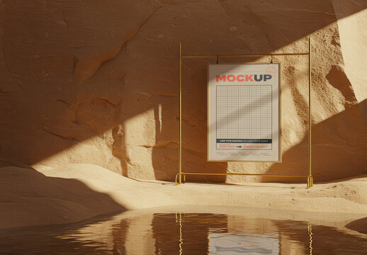Poster Mockup on Rack inside Desert Cave Natural Stone with Water