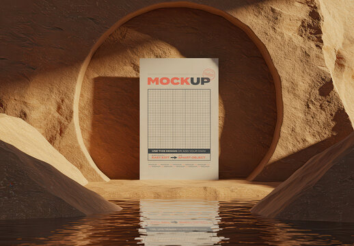 Poster Mockup inside Desert Cave Natural Stone with Water