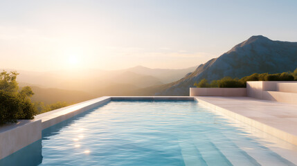 Fototapeta premium Infinity pool overlooking mountain landscape at sunset