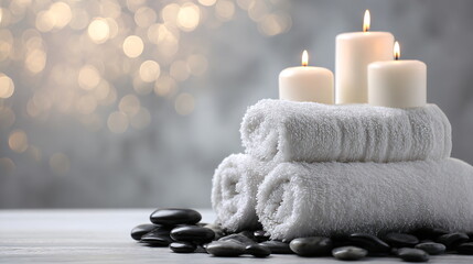 Stack of clean white towels, polished stones, and lit candles create a serene spa arrangement. Relaxation, wellness, and self-care concept for beauty and therapy.