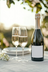 Champagne bottle with blank label and two elegant flutes on a table set outdoors, glowing in sunset light—perfect for celebrations, weddings, or beverage branding