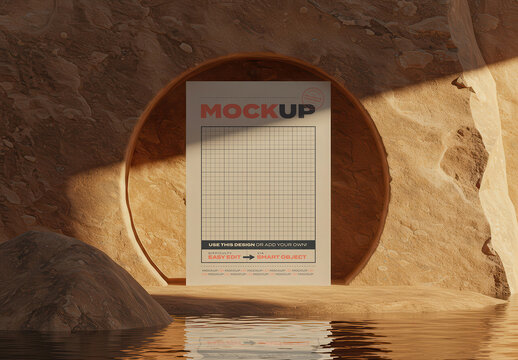 Poster Mockup Stand inside Desert Cave Natural Stone with Water