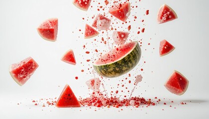 Fototapeta premium Scattered Watermelon Slices with Juice Splashes on White Background