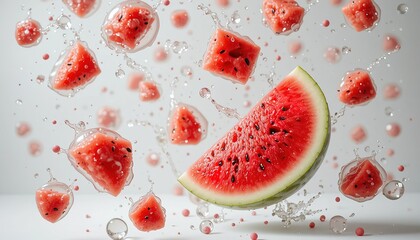 Fototapeta premium Scattered Watermelon Slices with Juice Splashes on White Background