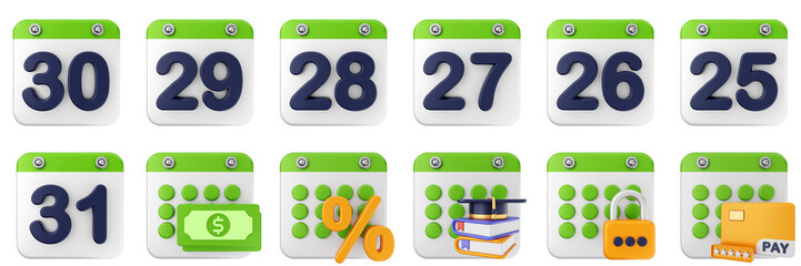 3d calendar date event reminder plan organizer icon set bundle illustration