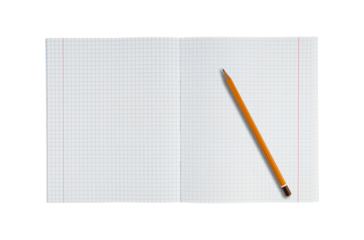 A checkered notebook with a pencil on a white background, designed for math and study with a grid layout. It is an excellent tool for school assignments and educational planning.