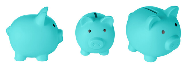 Set Piggy bank pig blue color on isolated white background close up