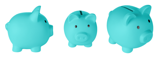 Set Piggy bank pig blue color on isolated white background close up