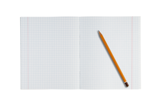 A checkered notebook with a pencil on a white background, designed for math and study with a grid layout. It is an excellent tool for school assignments and educational planning.