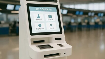 A sleek self-checkin kiosk with touchscreen prompts waits at the front of a busy supermarket. Concept of automated retail convenience. - Powered by Adobe