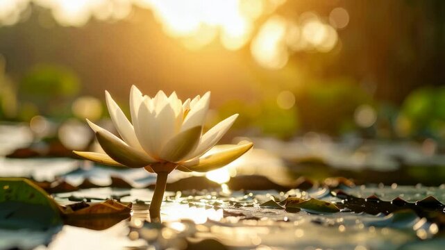 A single water lily flower with white petals blooms on a pond surface illuminated by golden sunlight at dawn or dusk.
