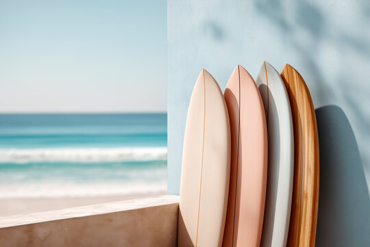 Minimalist surfboards in soft pastel colors leaning against a beach wall with ocean waves in the background