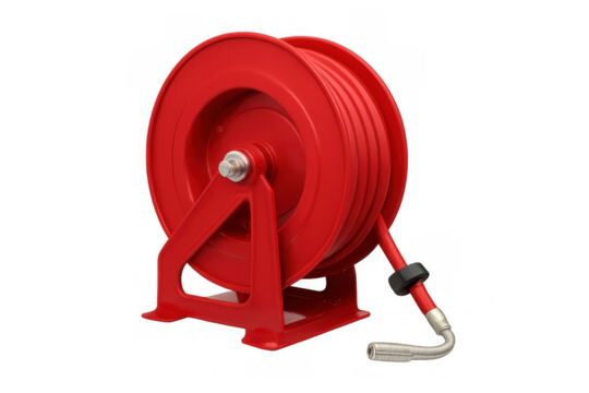 Crimson fire hose reel mounted vertically, ready for immediate firefighting deployment against stark white backdrop