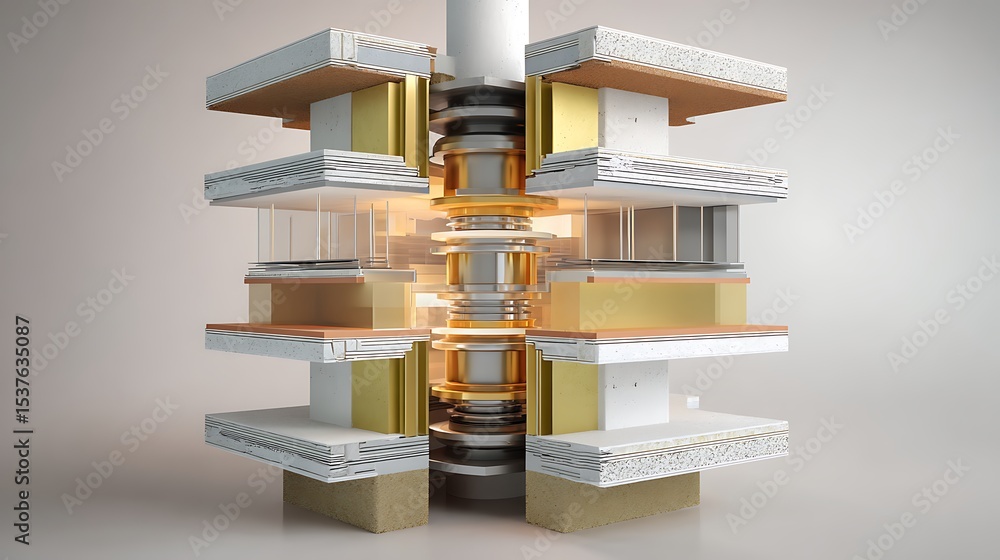 Aufkleber abstract layered structure with central metallic cylinder and geometric shapes on a light background