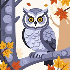 Obraz premium Autumn Owl Illustration-Cute Owl on Branch with Fall Leaves-Whimsical Art for Nature Lovers-Seasonal Decor-Owl Artwork-Forest Animal Design