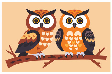 Fototapeta premium Cute Owls on a Branch-Illustration of Two Owls-Adorable Owls Artwork-Owl Illustration for Kids-Cartoon Owls on a Tree-Whimsical Owl Design-Owl Lovers Art