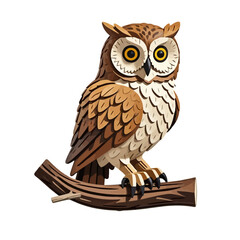 Brown Paper Owl on Branch-Cute Cartoon Owl Illustration-Digital Artwork Owl with Detailed Feathers and Yellow Eyes-Unique Owl Graphic Design for Crafts
