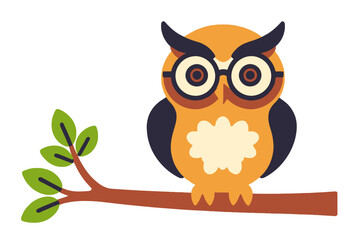 Fototapeta premium Cartoon Owl Illustration-Cute Bird With Glasses Perched on Branch-Educational Animal Vector Art-Perfect for Kids Books & Learning Materials-Adorable Owl Clipart Design