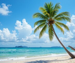 Fototapeta premium Beach panorama landscape background nature with beautiful scene ,palm tree and clear sky with white clouds in summer day