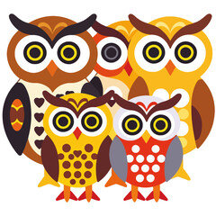 Fototapeta premium Colorful Cartoon Owls Illustration - Cute Owl Family Graphic for Kids - Whimsical Animal Art Print Design-Bright Educational Vector Owls