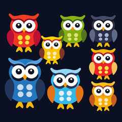 Naklejka premium Colorful Owl Illustration-Cute Cartoon Owls-Vector Graphic Design-Fun Owl Art-Kids Room Decor-Animal Clipart-Playful Owl Pattern-Bright and Cheerful Art-Educational Imagery