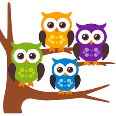 Obraz premium Colorful Owls on a Branch-Cute Cartoon Owls in Green Orange Purple and Blue-Whimsical Bird Illustration-Childrens Art-Nature Inspired Design