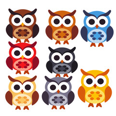 Obraz premium Cute Colorful Owl Illustration-Whimsical Cartoon Owls in Multiple Colors-Adorable Vector Owls for Kids-Owl Clipart Set-Bright and Playful Owl Graphics-Nine Owls Grouped Together