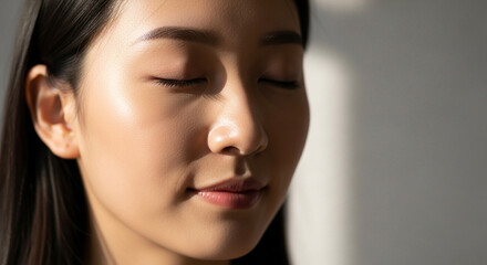 Fototapeta premium Serene young Asian woman with closed eyes, sunlit face, close-up portrait, skincare, beauty concept