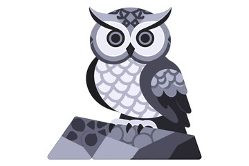 Fototapeta premium Vector Owl Illustration-Gray Scale Bird on Rock-Modern Graphic Design-Wildlife Art-Owl Icon-Nature Inspired-Simple Owl Drawing-Unique Owl Design