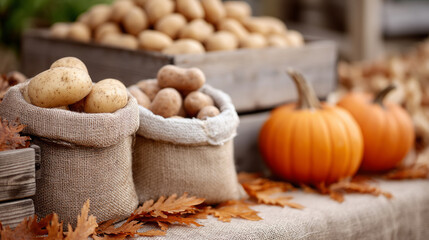 Fototapeta premium Autumn harvest display with potatoes and pumpkins on burlap