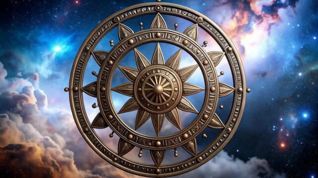 Ornamental gold Dharma wheel with lotus petals in a cosmic scene with clouds and galaxies in the background