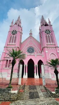 Historic pink church architecture in Jerico town, Colombia