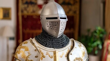 Medieval knight armor on display featuring a silver helmet, chainmail, gold and white decorated plates in an upscale home setting.