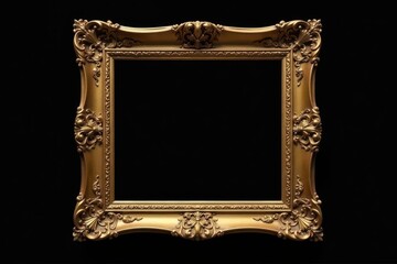 Square antique gold frame, heavy baroque detailing Isolated on black , shadow, vintage