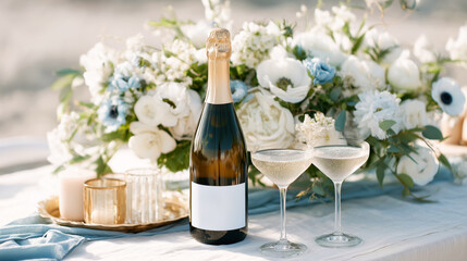 Elegant champagne bottle with blank mockup label and coupe glasses set on a decorated table with white and blue flowers