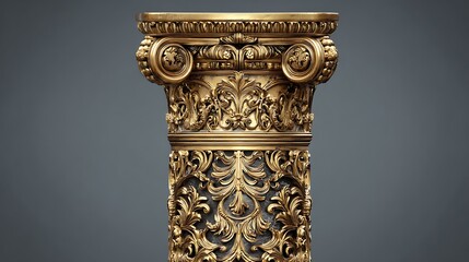 Close up of a golden ornate column with intricate carvings against a gray studio background showing detail
