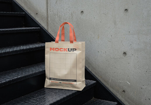 Tote Shopping Fabric Bag on Stairs Mockup