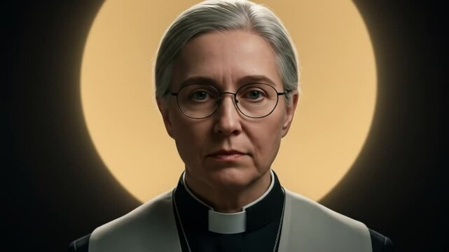 Solemn Gaze: A portrait of a dignified individual with striking glasses, dressed in formal attire, against a serene, softly illuminated backdrop. conveying a sense of authority, knowledge.