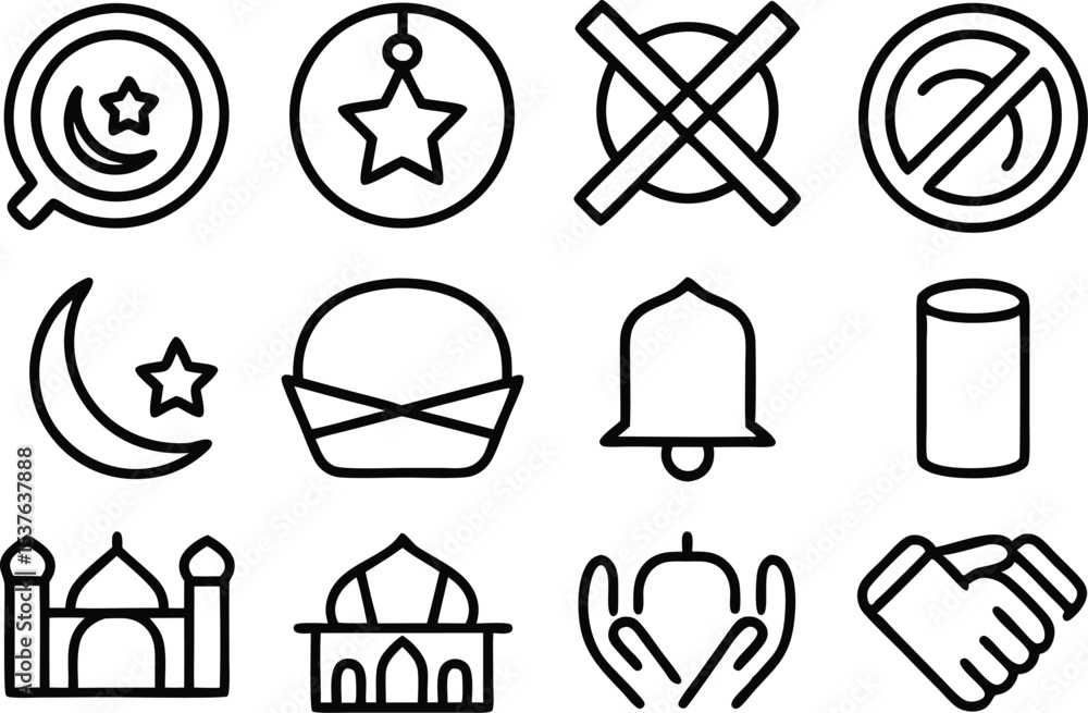Poster ramadan adhan call icon set for religious observance isolated on transparent background