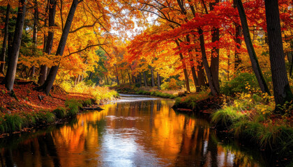 Tranquil fall forest landscape with vibrant foliage and calm river, gentle water reflections, red orange yellow leaves, peaceful nature landscape, photorealistic detail