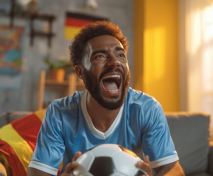 Argentina football fan cheering during win at home wearing sky blue jersey