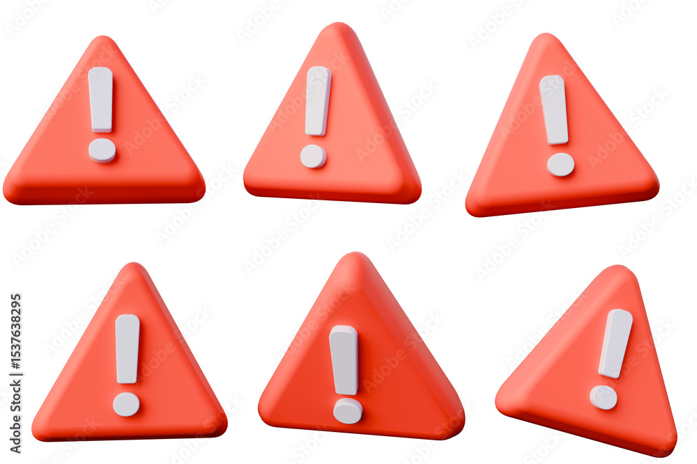 Fototapete six red triangle warning signs with white exclamation mark, useful for safety concepts, warning mess