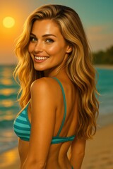Naklejka premium Smiling blonde woman at beach during sunset, perfect for health, beauty, and personal care branding visuals. 