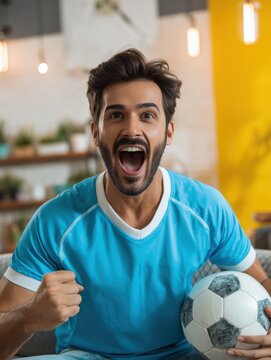 Argentina football fan celebrating during match on the couch wearing sky blue jersey