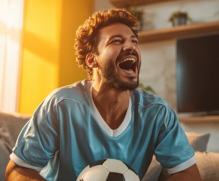 Argentina football fan shouting during penalty during the game wearing sky blue jersey