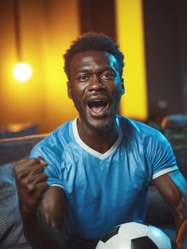 Argentina football fan celebrating during goal at home wearing sky blue jersey