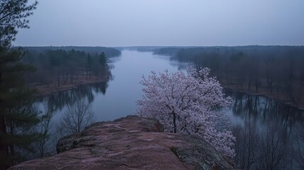Fototapeta premium Tranquil Twilight View Over Calm River Surrounded by Blossoming Trees
