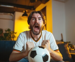 Intense football fan in white Germany jersey supporting the national team